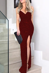 Vestidos de falda de un solo paso con escote en V y abertura con lentejuelas sólidas